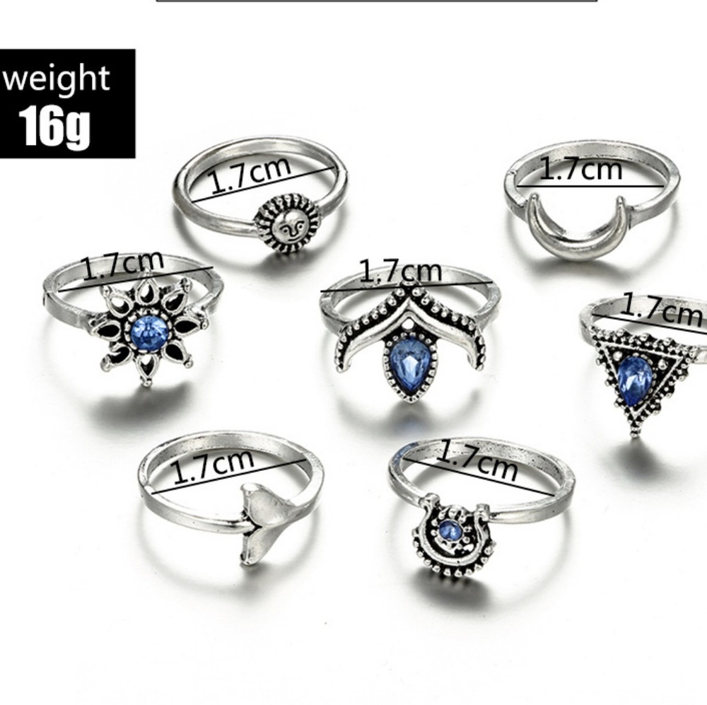 New! 7 Piece Boho Silver Ring Set W/ Blue gems - Picture 4 of 4